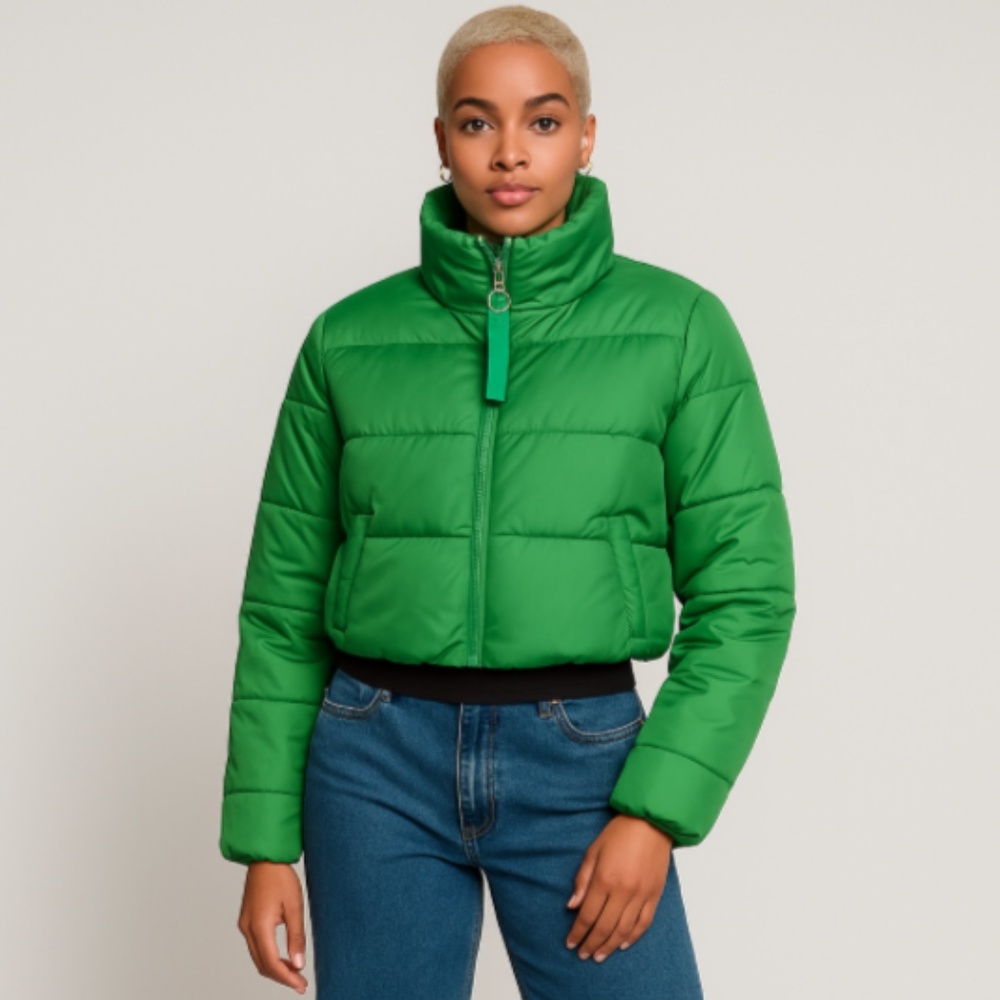 Green Cropped Puffer Jacket NWT – Oversized Ring Zip, High Neck, Y2K Streetwear - Picture 14 of 14